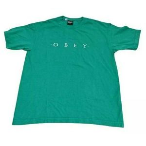 Obey Spell Out Logo T-Shirt Medium Green Short Sleeve Crew Neck Made In USA